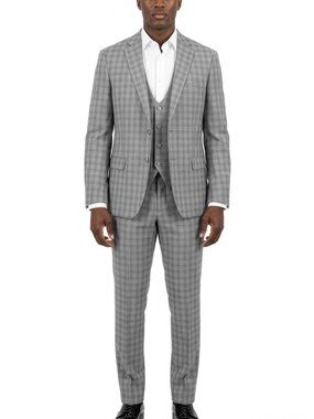 Light Grey Windowpane Plaid Notch Lapel 3 Piece Men's Suit